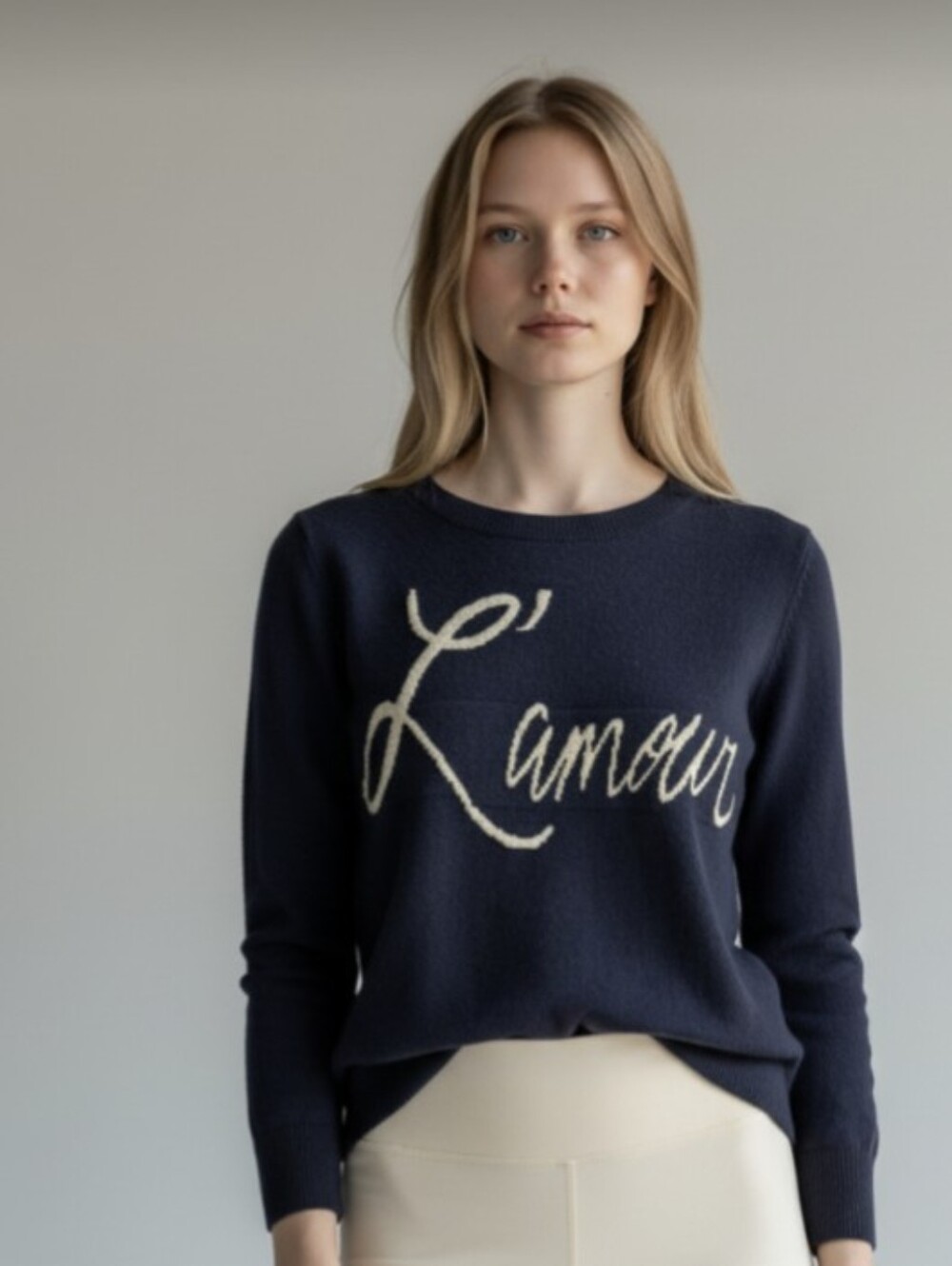 LOFT! DEEPEST NAVY BLUE LIGHTWEIGHT SWEATER, "L'AMOUR" KNIT GRAPHIC- CREAM! SZ M